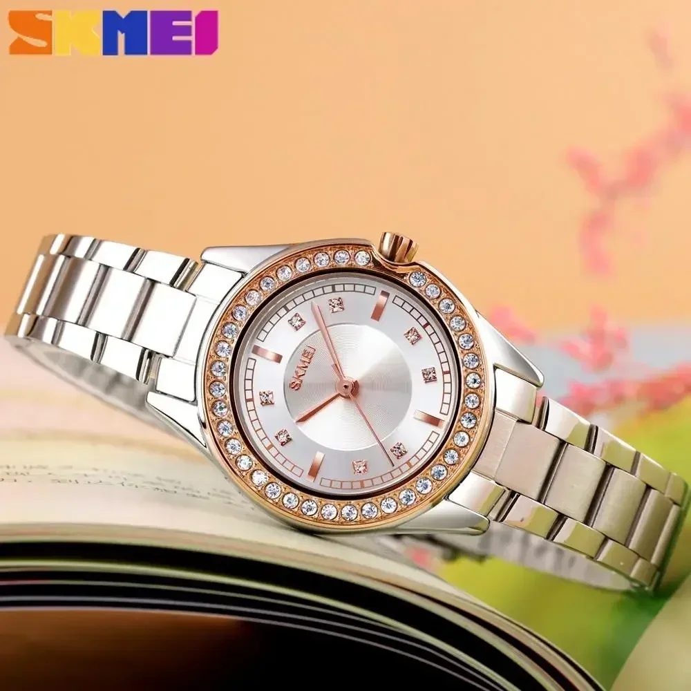 SKMEI 1534 damskie zegarki wodoodporna stal nierdzewna pasek reloj mujer moda kobiety zegarek kwarcowy innowacyjne diamentowe zegarki na rękę