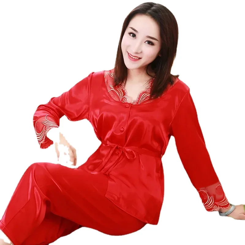 11011-B5 Women's Summer Two-piece Suit Pajamas Ice Silk Satin Thin Outwear Print Lace Pyjamas