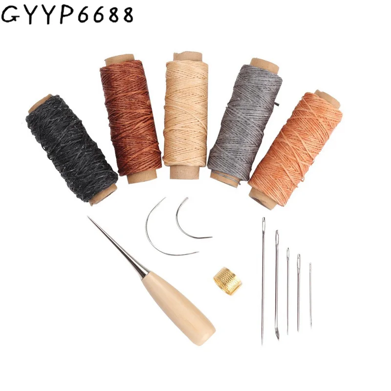 Professional Leather Sewing Set With Waxed Thread Wooden Handle Stitching Punch Carving Work Awl Needle DIY Accessories Kit Tool