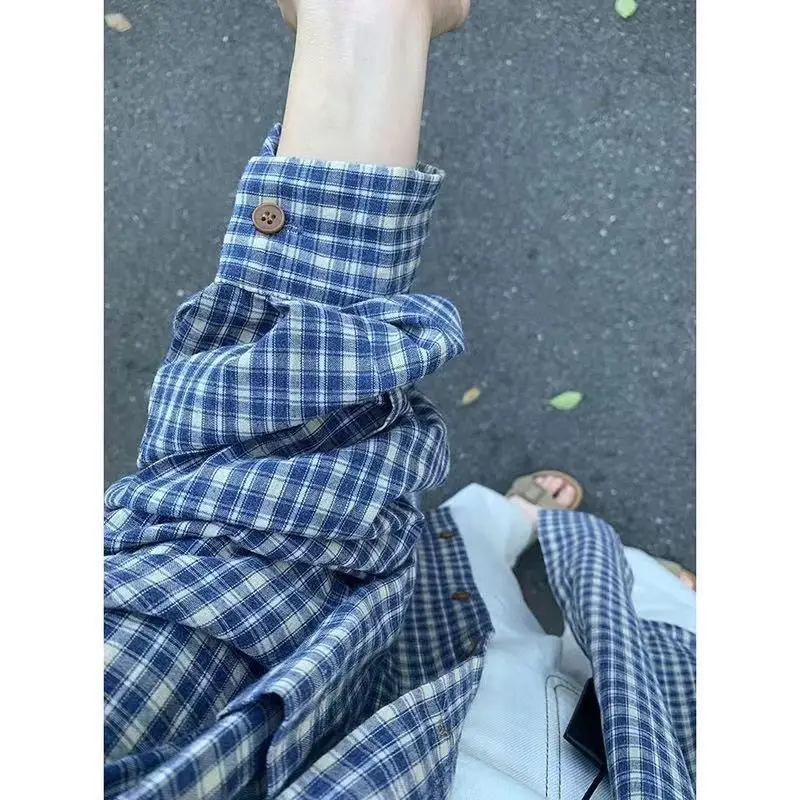 Koreanische Sle Luxus Blau Plaid irt frauen Frühling Herbst Lose Abnehmen Lange Sve Oberbekleidung Sonnenschutz irt