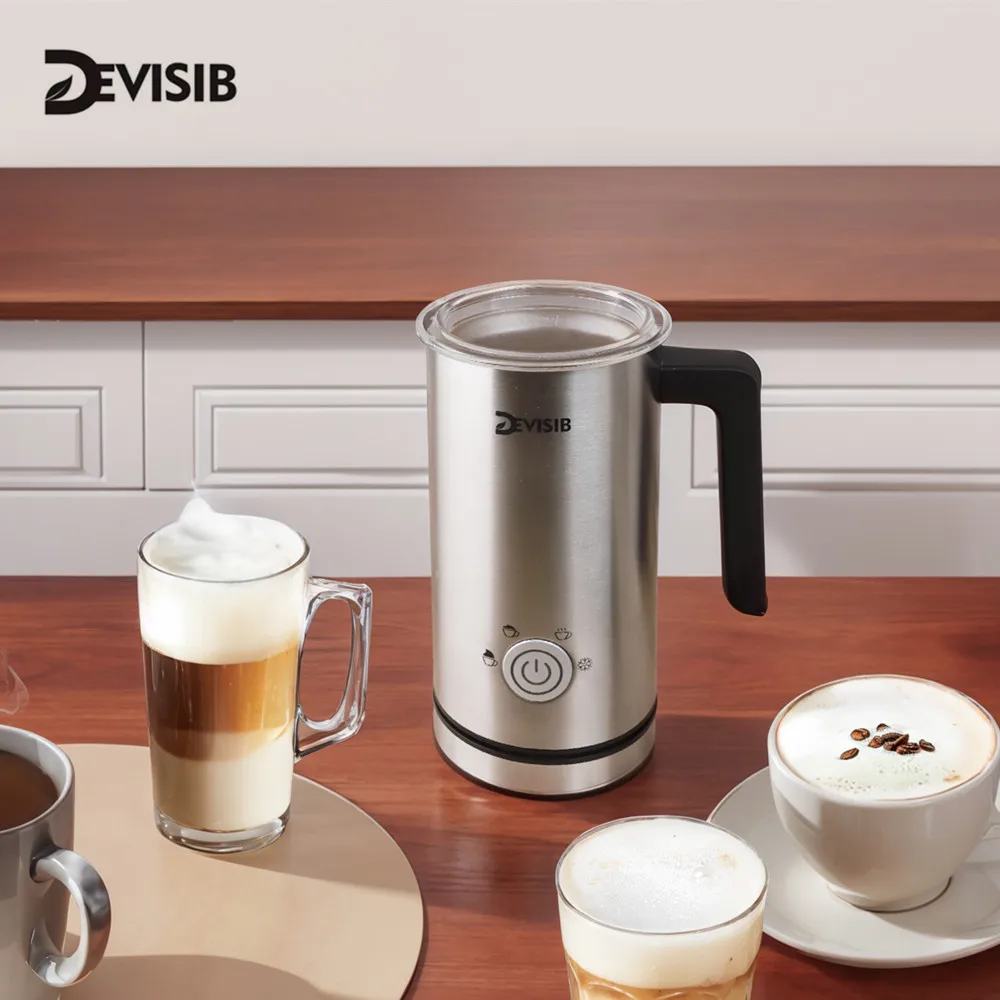 DEVISIB Electric Milk Frother 4 in 1 Automatic Hot and Cold Foam Machine and Milk Heater Suitable for Latte Cappuccino Machiatos