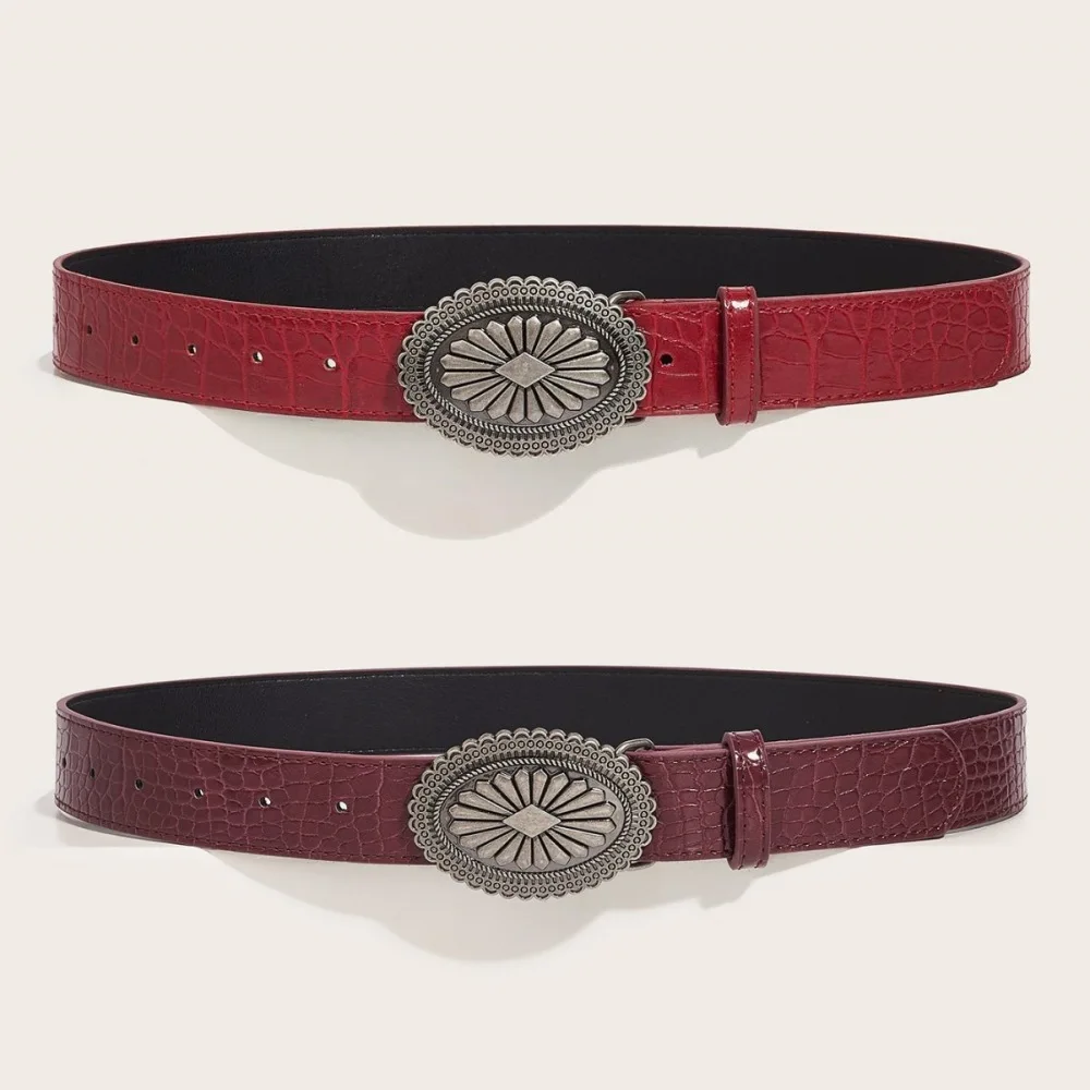 

Американский ретро-ремень бордового цвета с резной пряжкой, женская одежда, джинсы, персонализированный ремень, субкультура, элитный красный