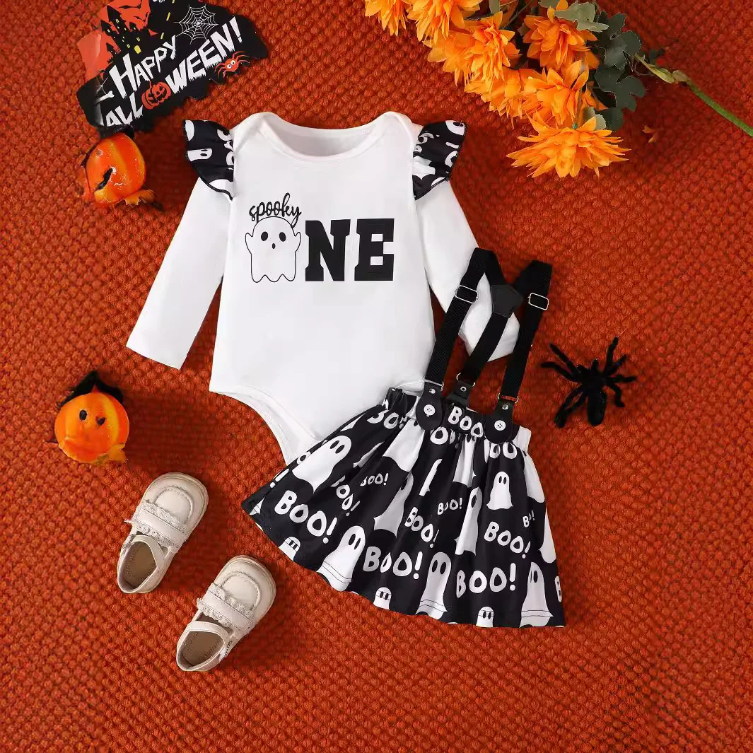 

0-1 Years Halloween Newborns Clothing Baby Girls Long Sleeve Romper with Tulle Skirt Cartoon Cute Outfit Infant Wear Sets