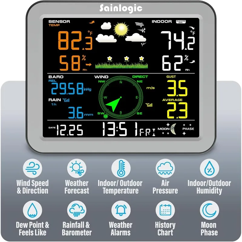 Weather Station Wireless Indoor Outdoor, Weather Station with Rain Gauge and Wind Speed/Direction