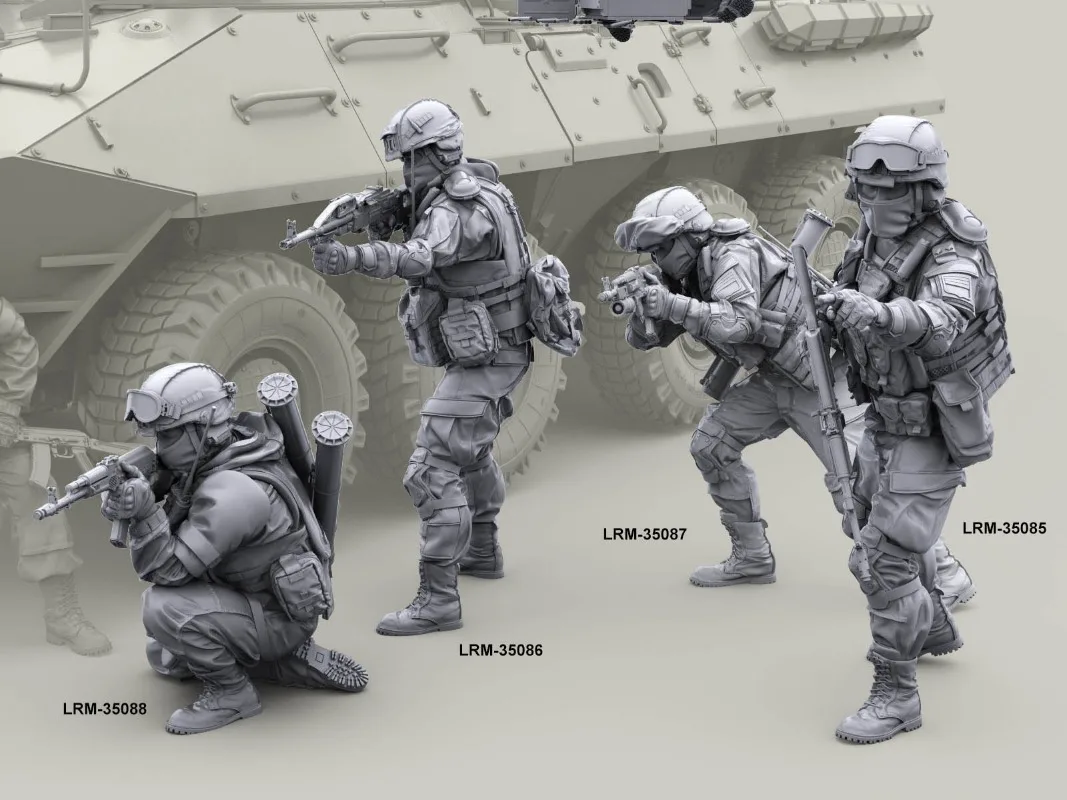 1/35 Druckguss-Harzfigur, zusammengebauter Modellbausatz, modernes russisches Militär, 4-Mann-Trupp, Militärminiatur-Spielzeug, unmontiert und unbemalt
