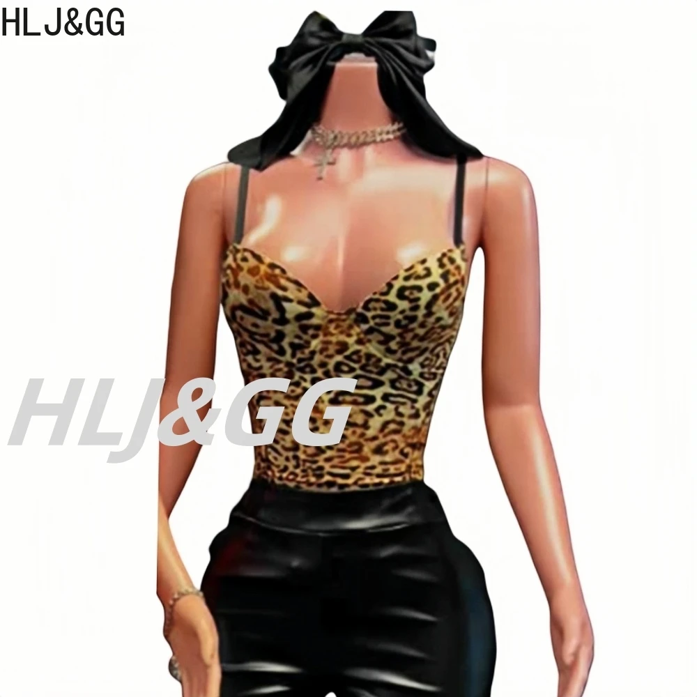 HLJ&GG Sexy Hollow Bandage Leopard Print Two Piece Sets Women Halter Lace Up Crop Top And Skinny Pants Outfit Fashion Streetwear — zdjęcie 5