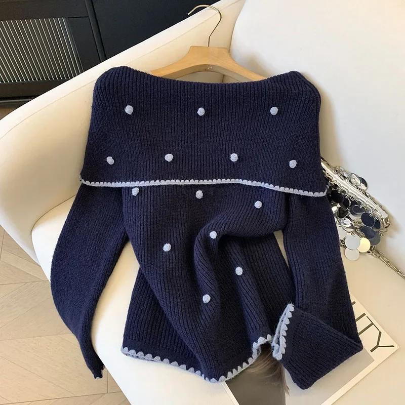 Maglione a pois Moda donna Sexy Slash Neck Pullover lavorato a maglia Coreano Elegante maglieria bianca Maglioni slim a maniche lunghe invernali