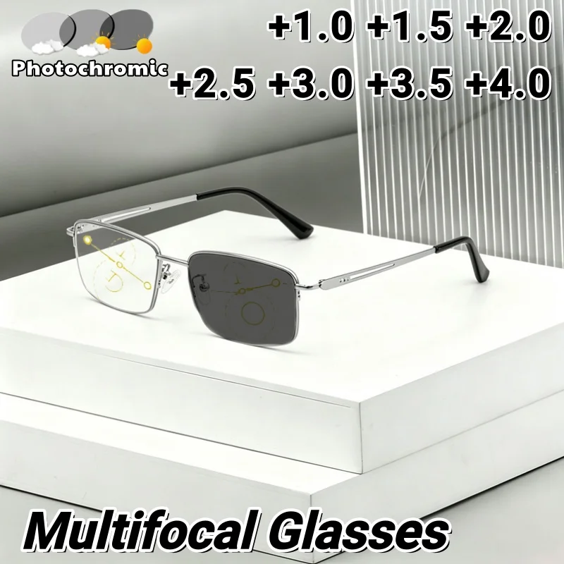 Lunettes de lecture photochromiques progressives multifonctionnelles, ultra légères, classiques, carrées, à monture complète, pour affaires, +1.0 à +4.0