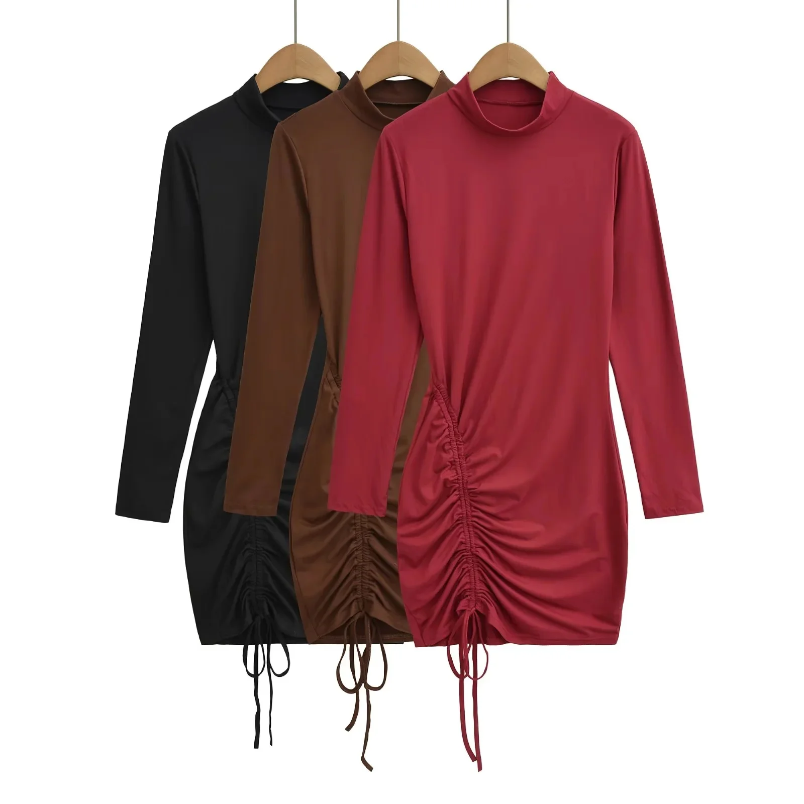

Sexy High Collar Long Sve Women's Dr Pleated Tight Bodycon ort Skirt Spring Autumn Season Casual Wear Ladies' Dr
