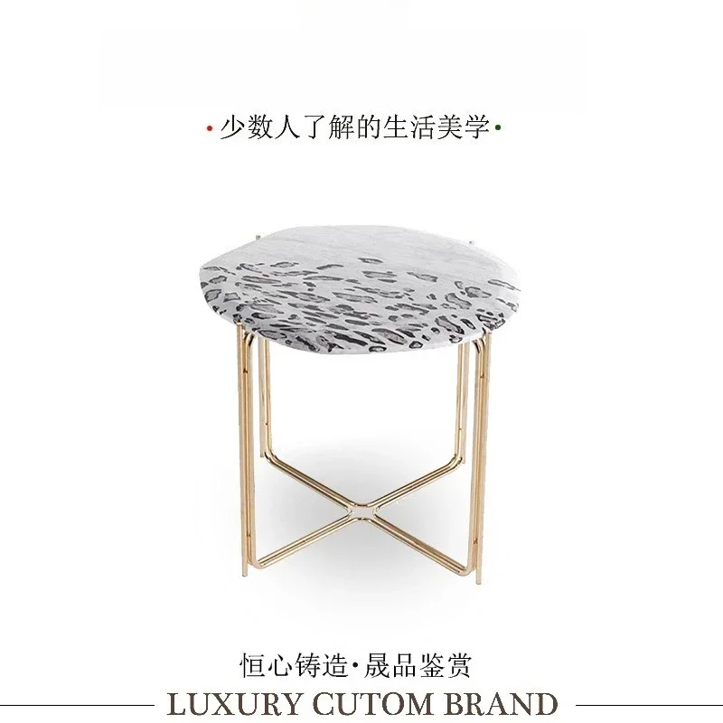 Italian light luxury marble edge few designer modern mansion villa living room metal base leopard print sofa corner few