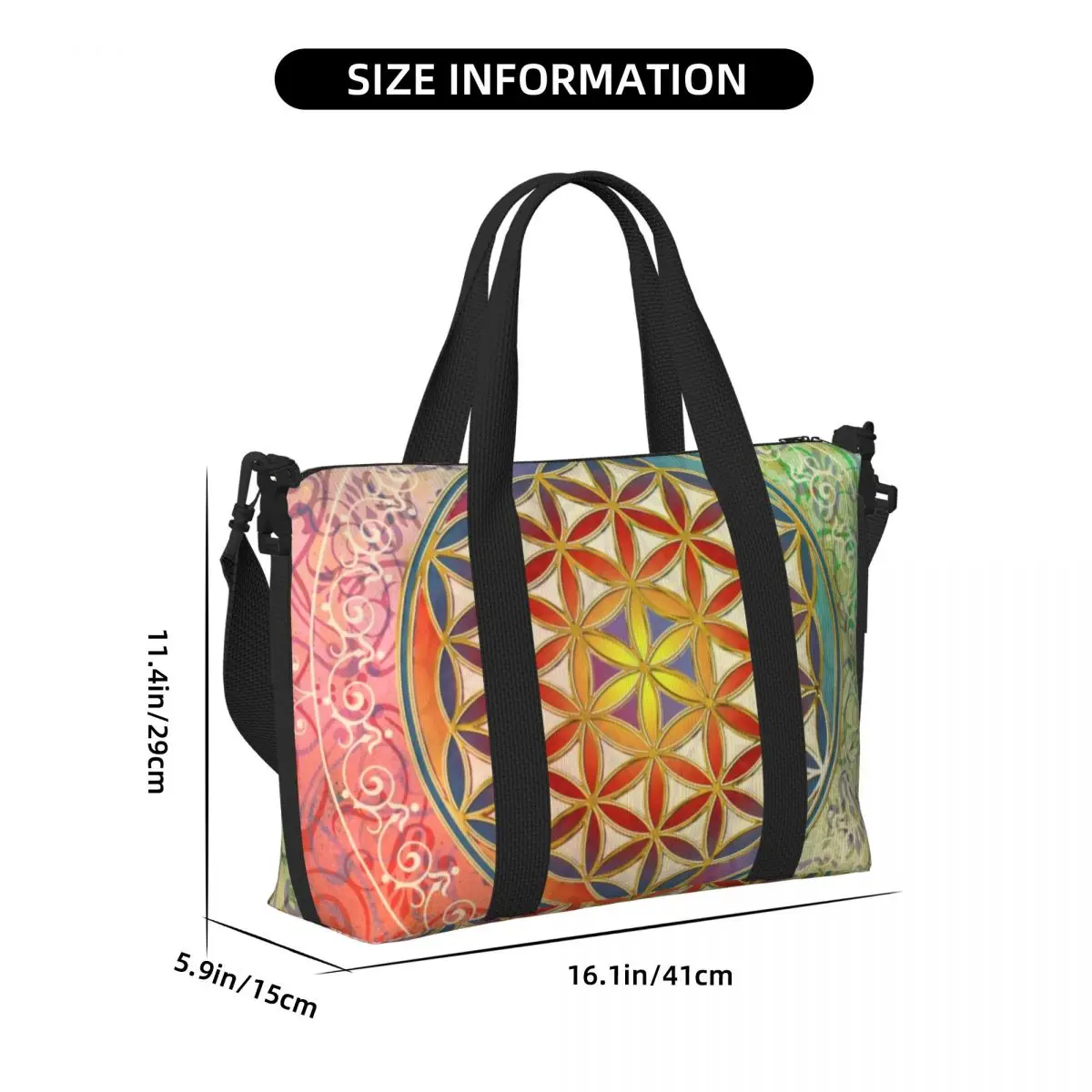 Custom Flower Of Life Vintage Geometric Beach Tote Bag Women Extra Large Gym Carry On Mandala Travel Shopping Bags