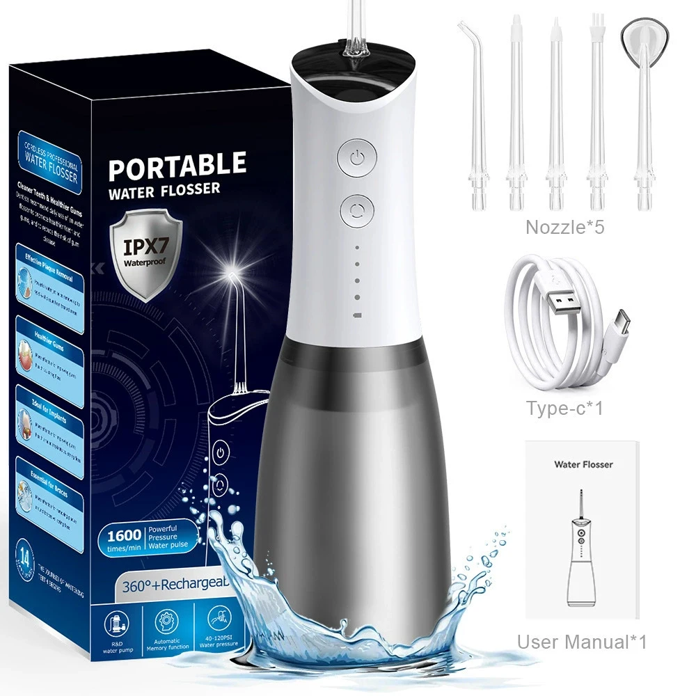 

Электрический ирригатор для полости рта, портативные ирригаторы для зубов, перезаряжаемая машина для мытья рта, стоматологическая водоструйная нить, 360 мл, 5 наконечников