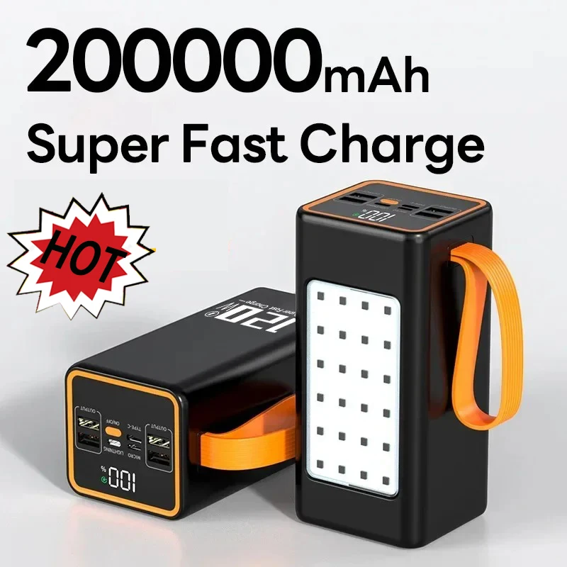 NEW Power Bank 200Ah PD High Capacity 120W Fast Charger Powerbank for IPhone Laptop Batterie Externe LEDCamping Light Flashlight