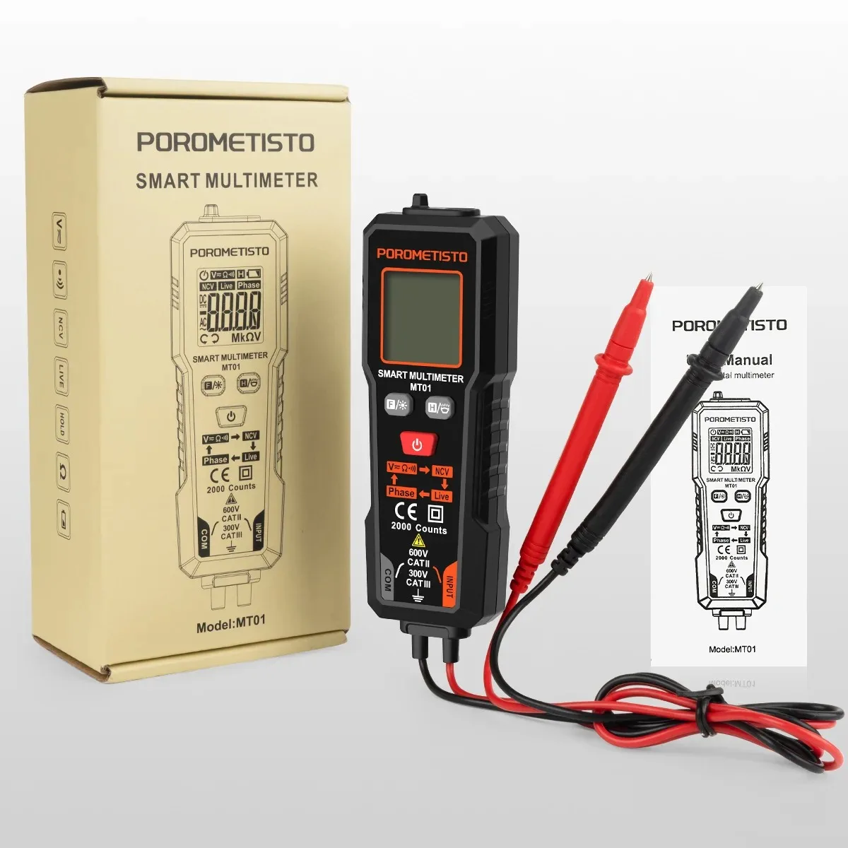 POROMETISTO MT01 Digital Multimeter Voltage Tester 2000 Count AC/DC Voltmeter True RMS NCV Phase Test Auto Ranging Multimeter