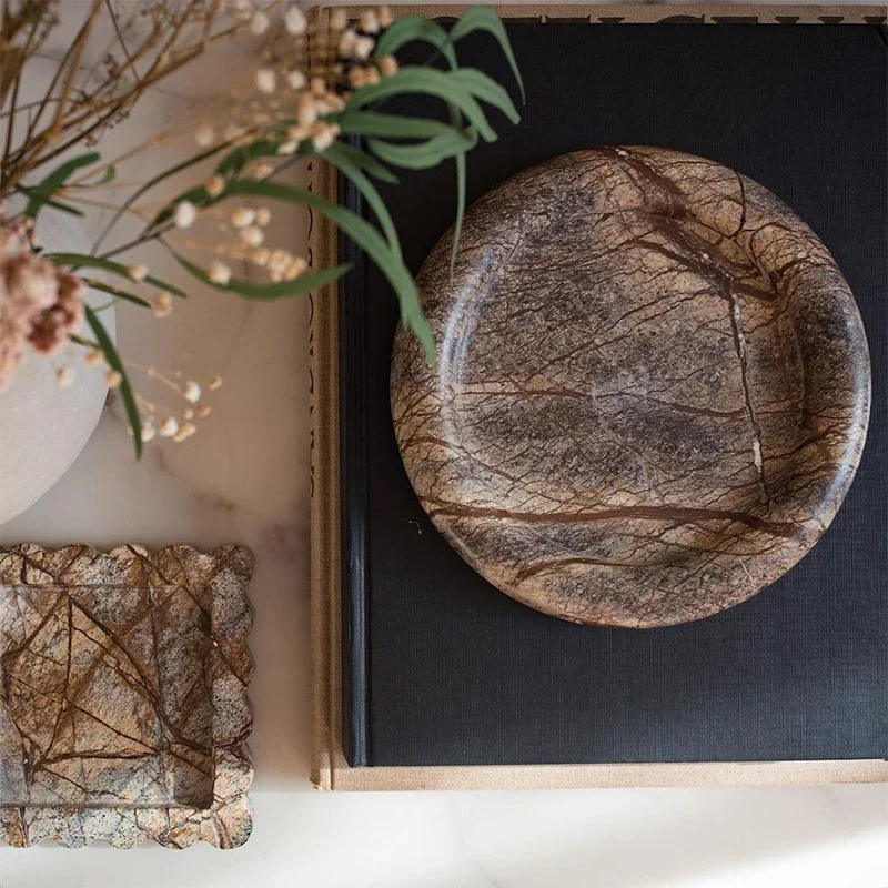 Modern Natural Marble Round Fruit Plate Ornament Sample Room Living Room Tabletop Jewelry Cosmetics Storage Tray Decoration