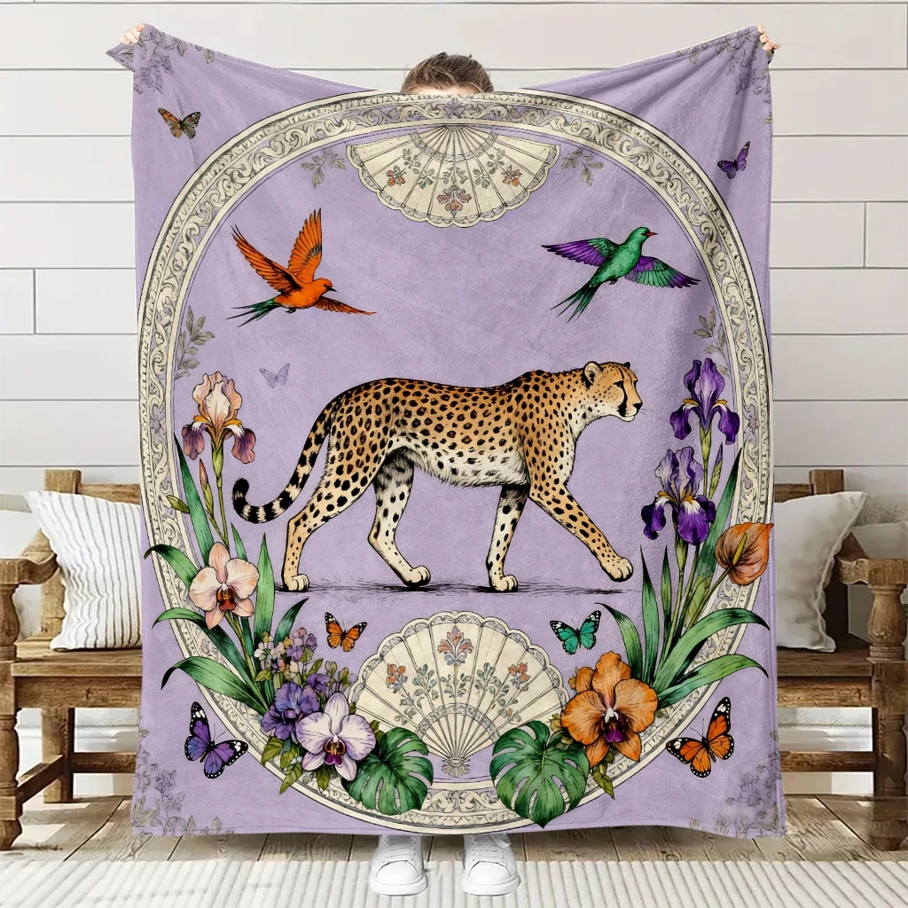 1pc Soft Leopard and Floral Print Flannel Throw Blanket, High-Definition Digital Print, All-Seasons Multipurpose Sofa Cover