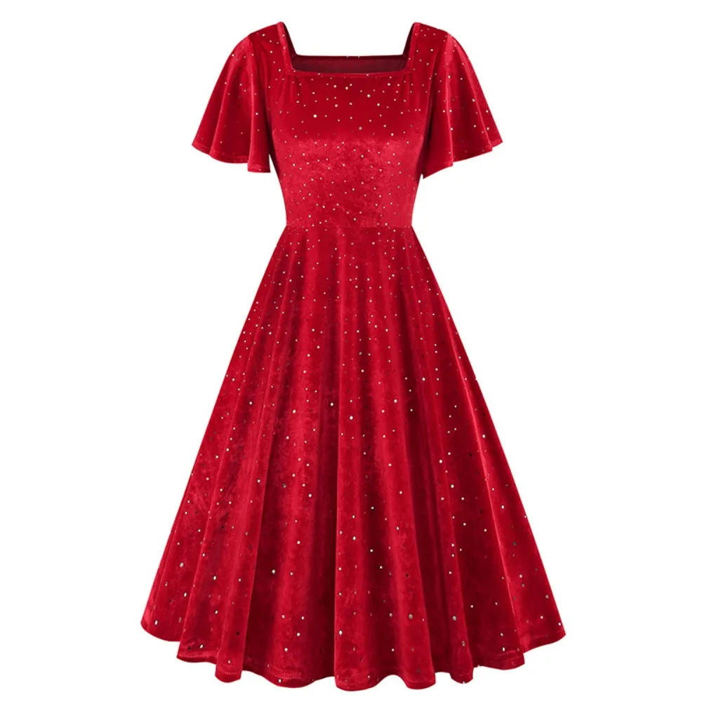 Velvet Retro Flutter-Sleeve Formal Dress - Christmas Elegant Short-Sleeve Dress For Christmas Parties