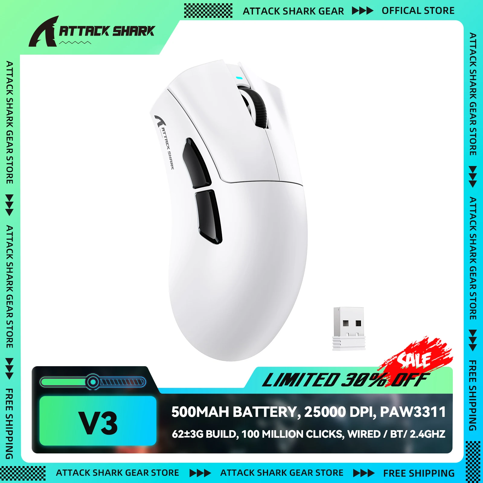 ATTACK SHARK V3 Ultra-Light Tri-Mode Gaming Mouse, 1000hz Polling, 25000 DPI, PixArt PAW3311, 500mAh Battery, BT/2.4G/Wired