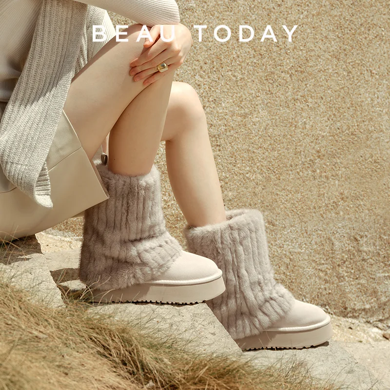 

BEAUTODAY Snow Boots Women Cow Suede Leather Tube Shoes Round Toe Thick Sole Warm Fur Mid-calf Boots Handmade 08305