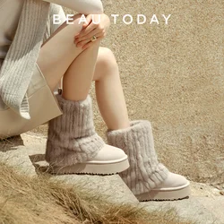 BEAUTODAY Snow Boots Women Cow Suede Leather Tube Shoes Round Toe Thick Sole Warm Fur Mid-calf Boots Handmade 08305