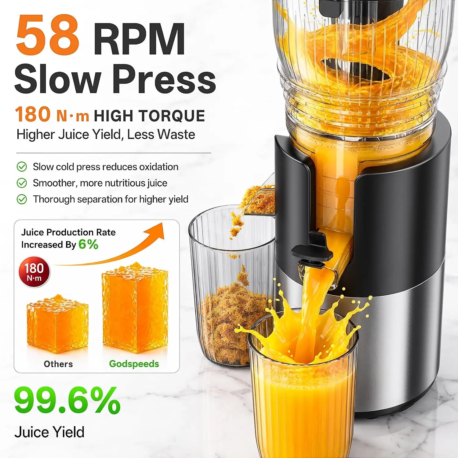 Cold Press Juicer Machine with 6-Inch Chute