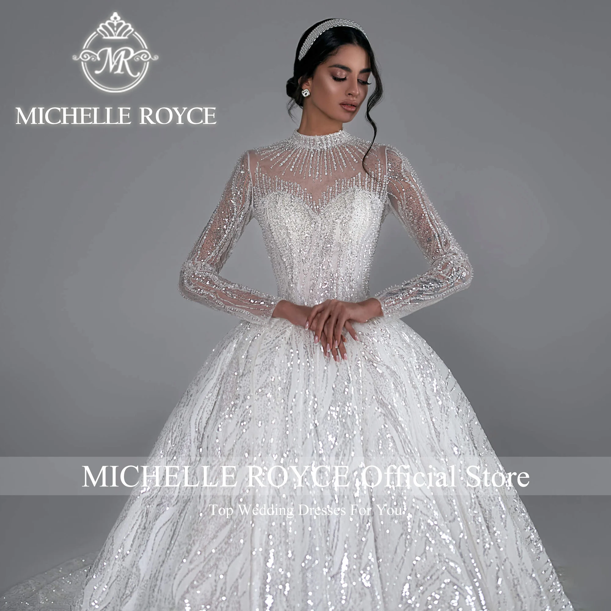 Michelle Royce Ball Gown Wedding Dresses For Women Royal O-Neck Invisible Neckline Sequined Wedding Gown Vestidos De Novia