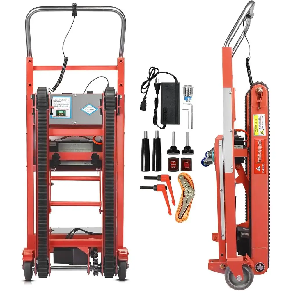

Электрическая тележка для подъема по лестнице 1250 Вт, грузоподъемность 408 кг, литиевая батарея, страховочный трос, идеально подходит для складской логистики и переездов