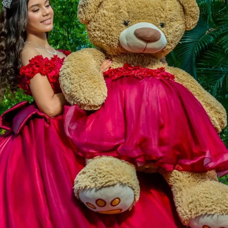 Vestido de quinceañera rojo simple con hombros descubiertos, encaje, cristal, brillo, calcomanía, flor, cola larga, vestidos de 15 quinceañera ﻿ Personalizado