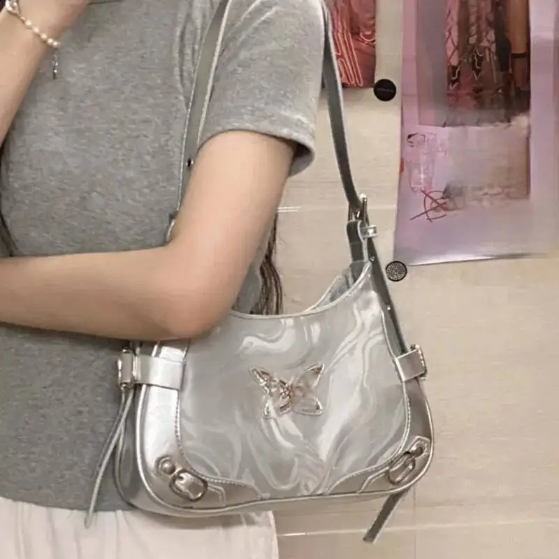 

Bloom Fairycore Y2k Shoulder Bags Hot Girls Butterfly Leather Half Moon Purse Female Retro Moto Biker Messenger Bag Women
