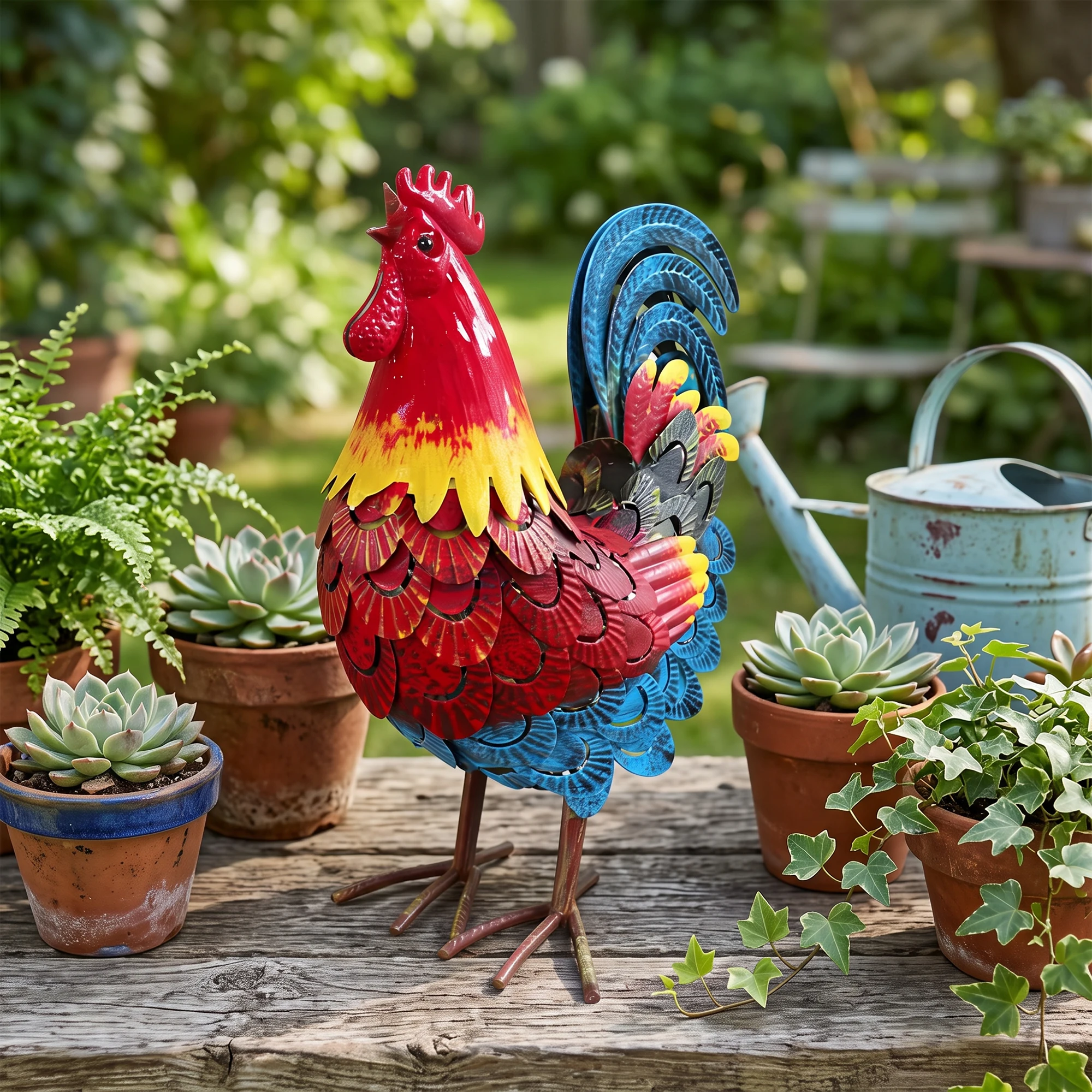 Wrought Iron Rooster Garden Statue, Weatherproof Metal Poultry Sculpture, Rust Resistant Farmhouse Yard Decor for Lawn Patio