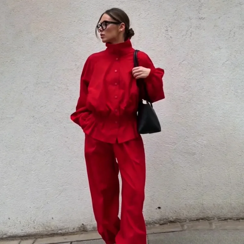 Casual Sporty Jacket Red Collar Closure Ruffled Pleated Tighten Waist Relax Coat 2026 NEW Autumn Fashion Street Women's Jackets