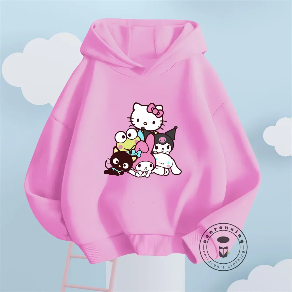 Cheerful Hello Kitty Fashion Hoodies Featuring Solid Colors Vibrant Kawaii Graphics Sanrio Autumn and Winter Tops for Children