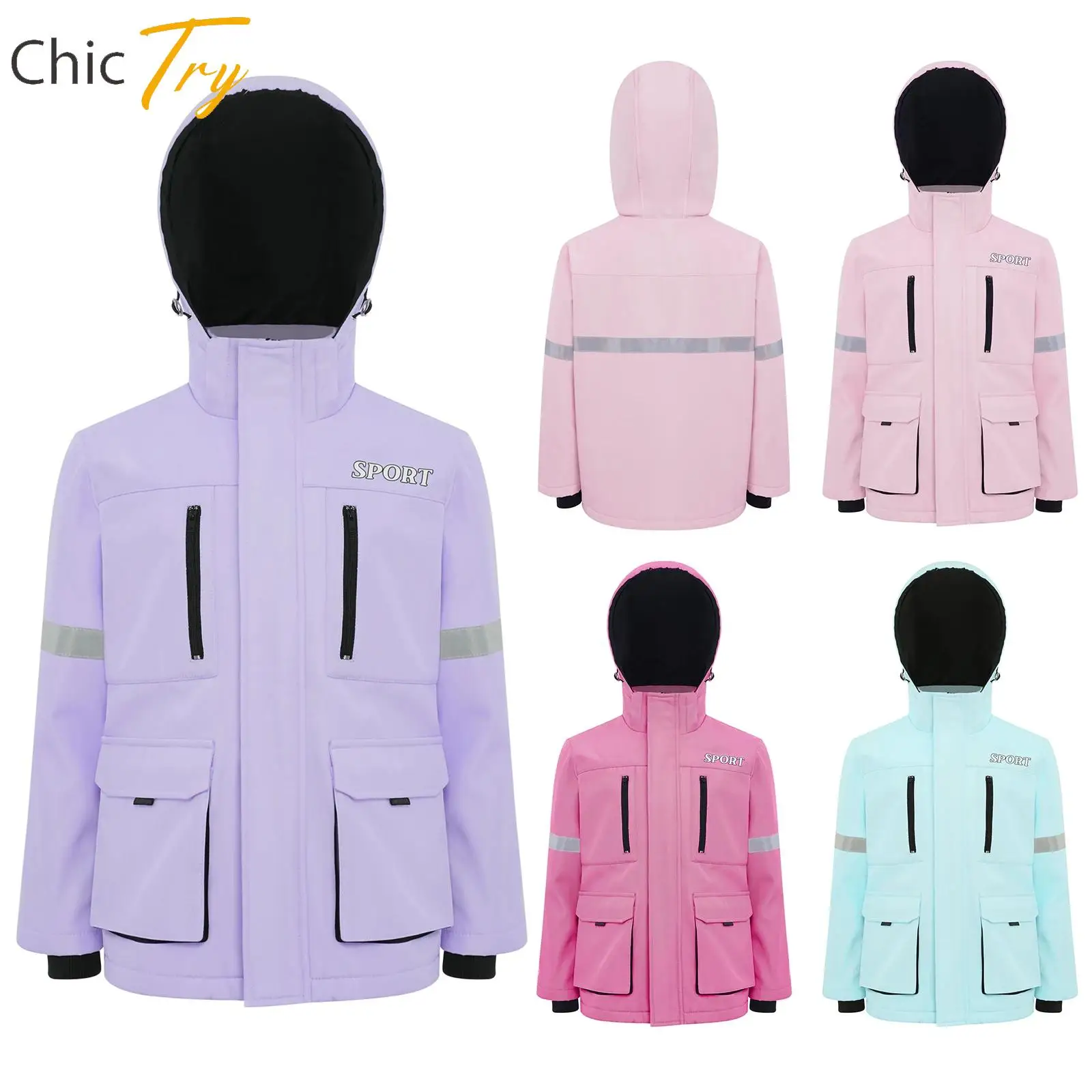 

Kids Girls Ski Snow Sports Coat Winter Warm-up Skiwear Water Resistant Snowsuit Long Sleeve Zipper Hooded Jacket with Pockets
