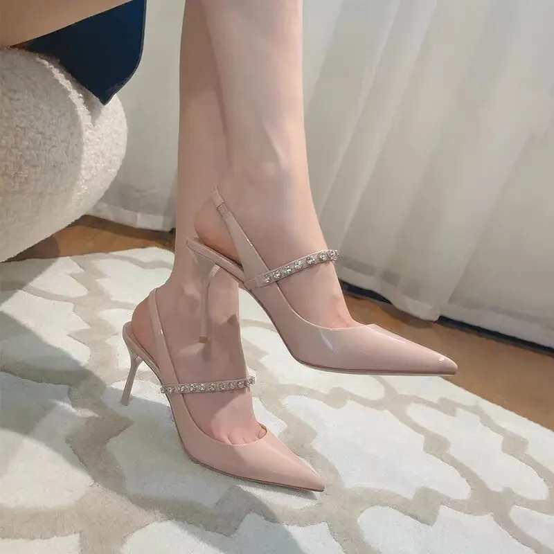 

Pointed Sandals, Women's French Nude Color, Thin Heel, Patent Leather, Rhinestones Fairy Style High Heels, Single Shoes