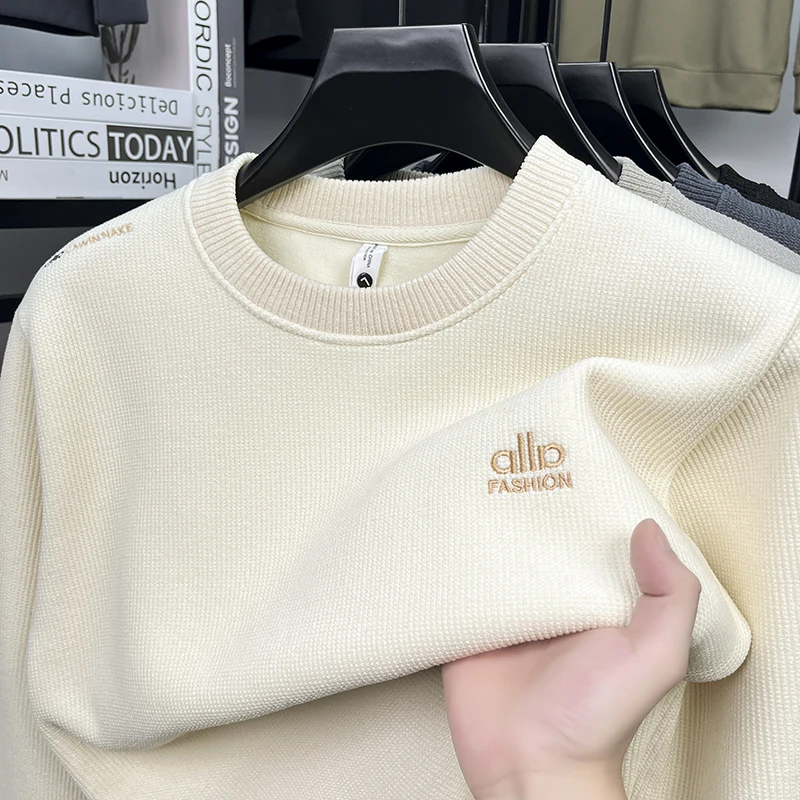 

Бархатная утолщенная мужская толстовка с круглым вырезом, теплая вязаная футболка с длинными рукавами и вышивкой для повседневной мужской одежды