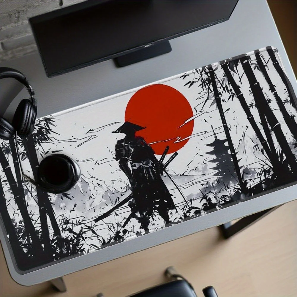 Cool Samurai and Red Moon Pattern Mouse Pad Desk Mat Non-Slip office rug Stitched Edge Gaming pad desk accessories xxl mousepads