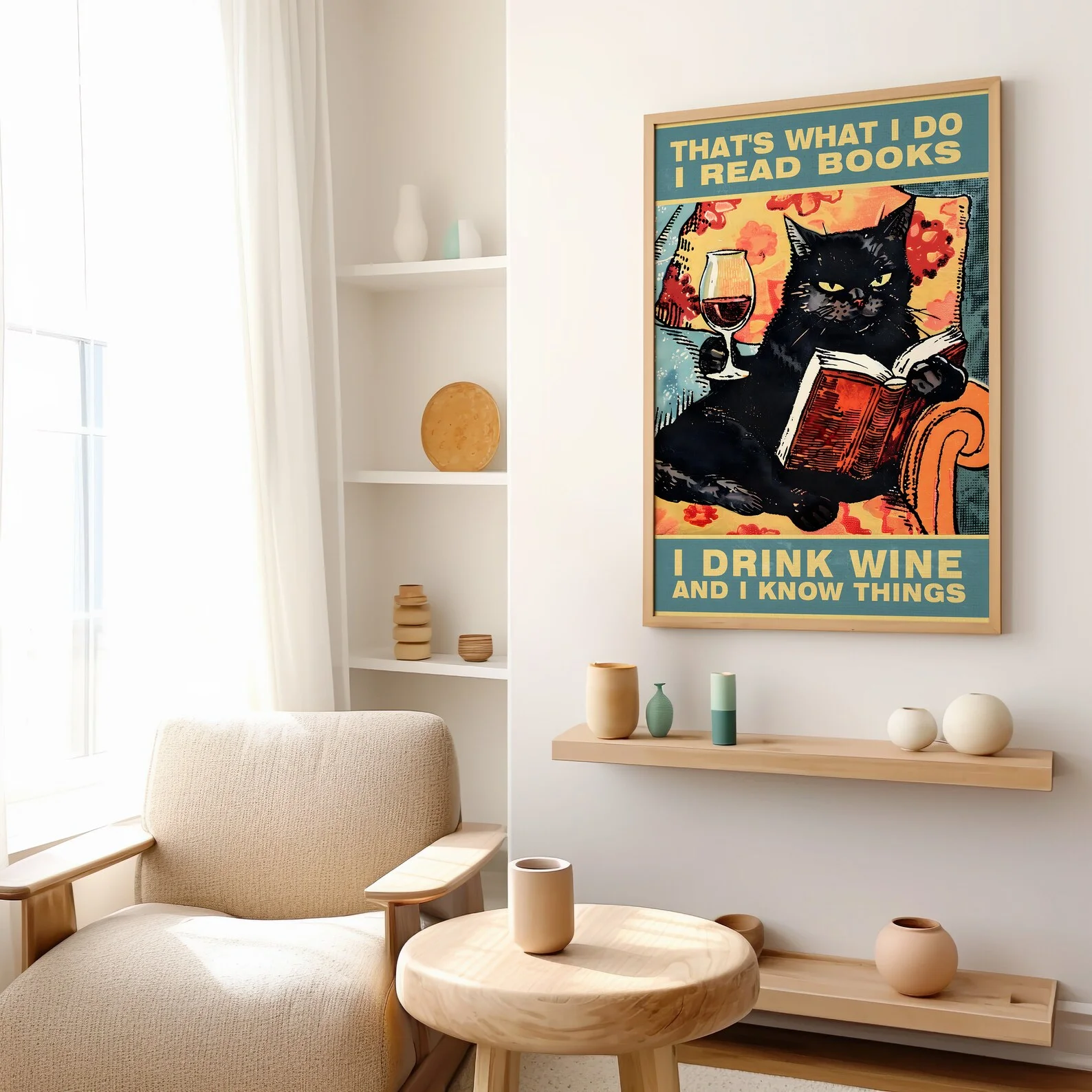 Black Cat Reading Book Drinking Wine Typography Poster or Canvas Print, Cat Wall Art, Quirky Black Cat Book Wine Lover Vintage A - view 3