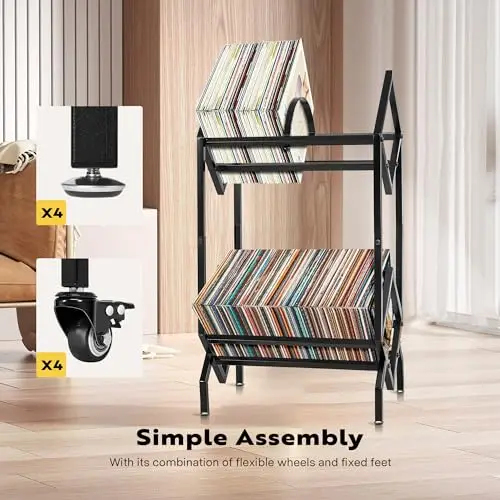 

Two-Tier Metal Vinyl LP Storage Shelf With Dual-Mode Mobility: Lockable Casters And Stable Feet For Records, Magazines, Books