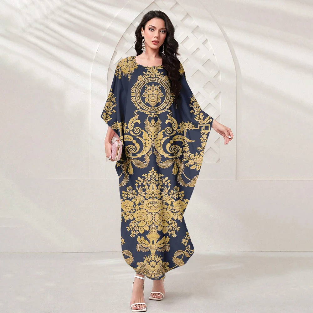 Eid Muslim Women's Bat-Sleeve Delicate Diamond Print Party Dress Ramadan Islamic Abaya Dubai Abaya 2024 Women's New Casual Dress