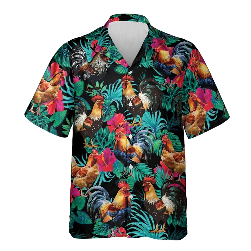 Men's Hawaii Shirt Cock Rooster Colorful Texture Short Sleeve Collar Top Fashion Streetwear 3D Printed Casual Chicken Clothing