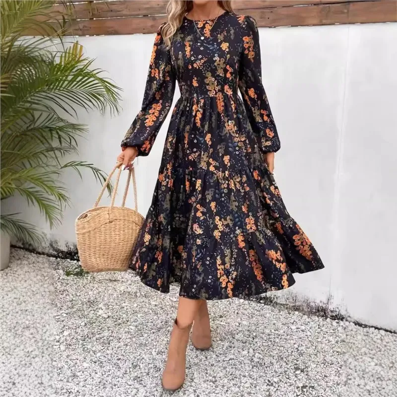 

Autumn Floral Print Long Dresses Women Casual Elegant Dress Office Lady Fashion O-neck Vestidos Dress