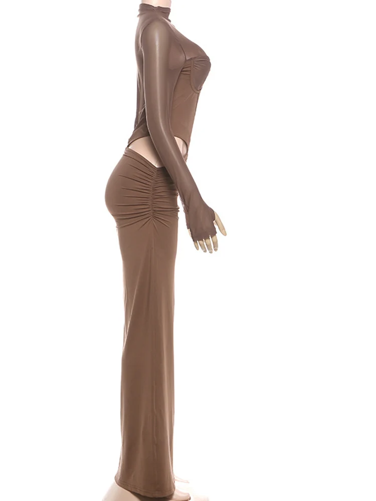 Kricesseen ​ Frauen Solide Mock Neck Taille Ausschnitt Geraffte, Figurbetontes Kleid Herbst Langarm Aushöhlen Party Kleid Nacht Aus Tragen