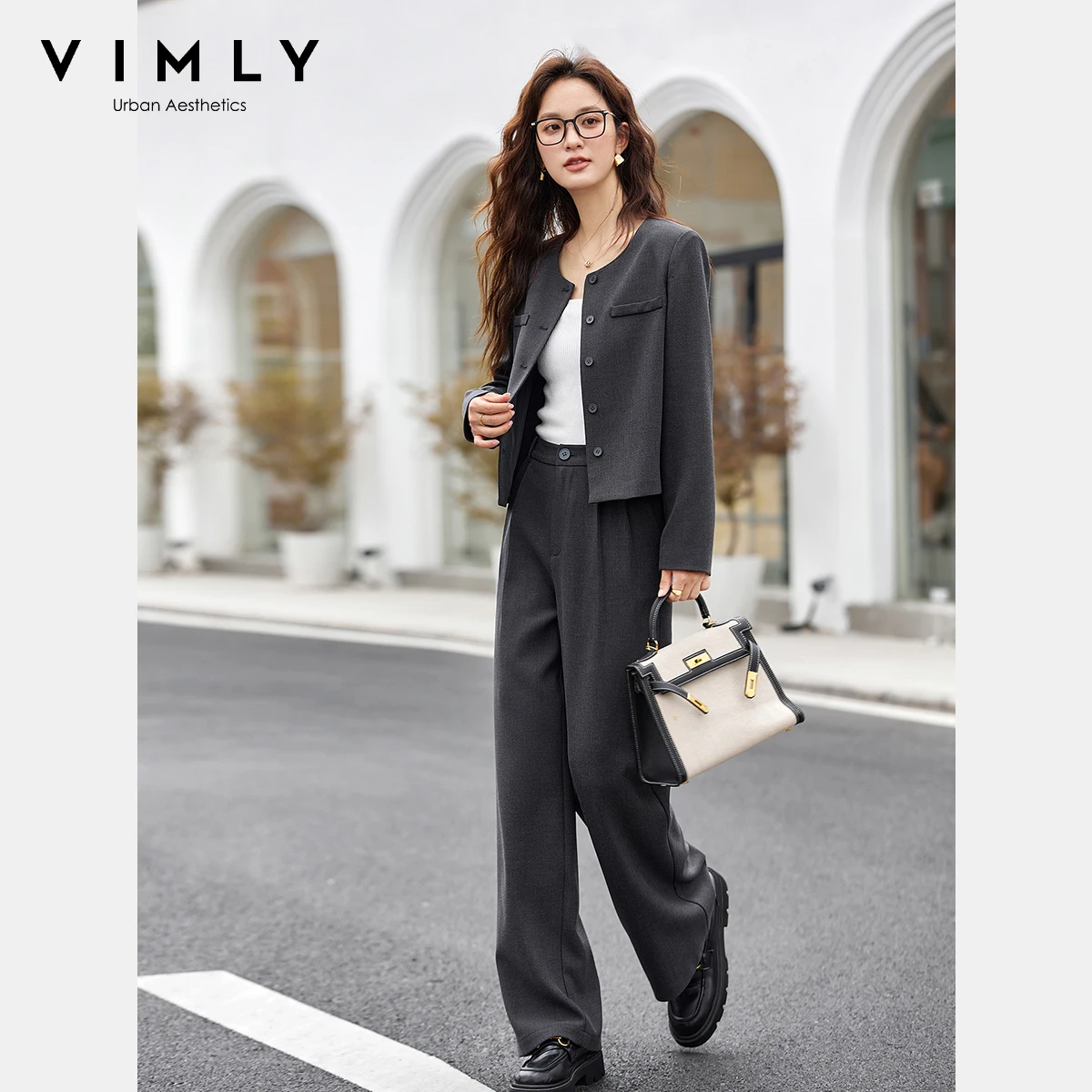 Komplety spodni VIMLY damskie 2-częściowe, eleganckie, jednolite, z okrągłym dekoltem, zapinane na guziki, modne, z szerokimi nogawkami, długie spodnie damskie, zestawy spodni A2169