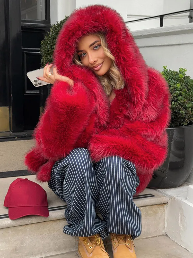 Fashion Red Warm Fluffy Long Sleeves Faux Fur Coat Elegant Hooded Solid Color Loose Short Jacket New Woman Winter Commuter Wear