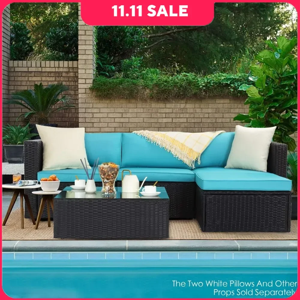 

Patio Furniture Sets All Weather Outdoor Sectional Sofa Manual Weaving Wicker Rattan Patio Conversation Garden Sofas