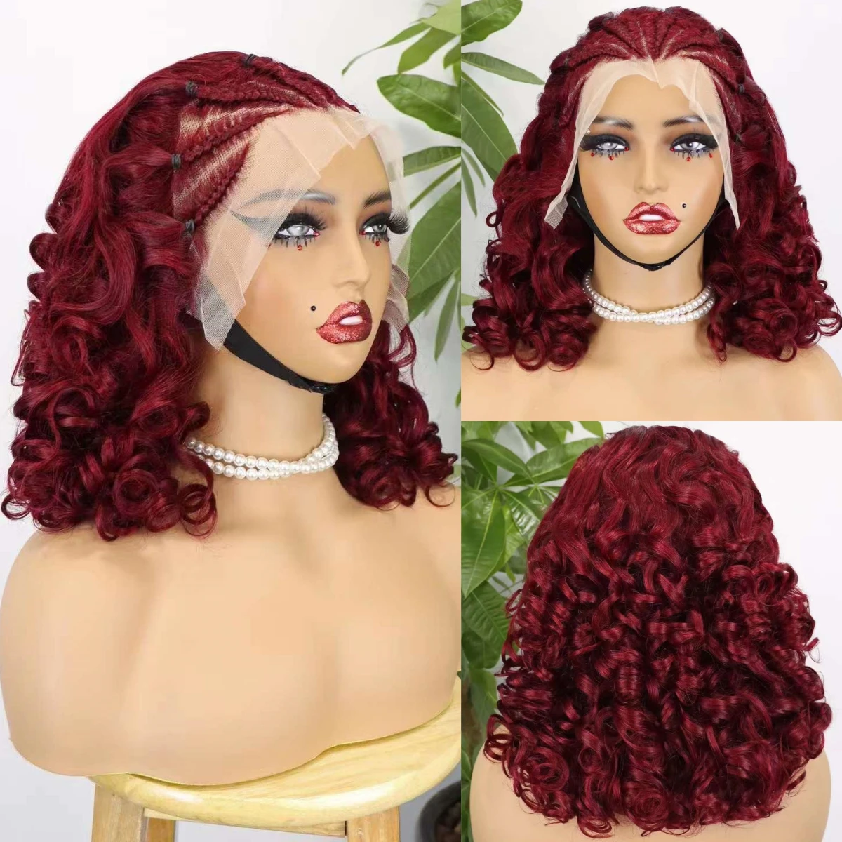 18Inch 13x4 Lace Frontal Wigs 250% Density Remy Human Hair Burgundy Cornrow Braided Wigs Loose Fumi Curly Hair Bob Wig for Women