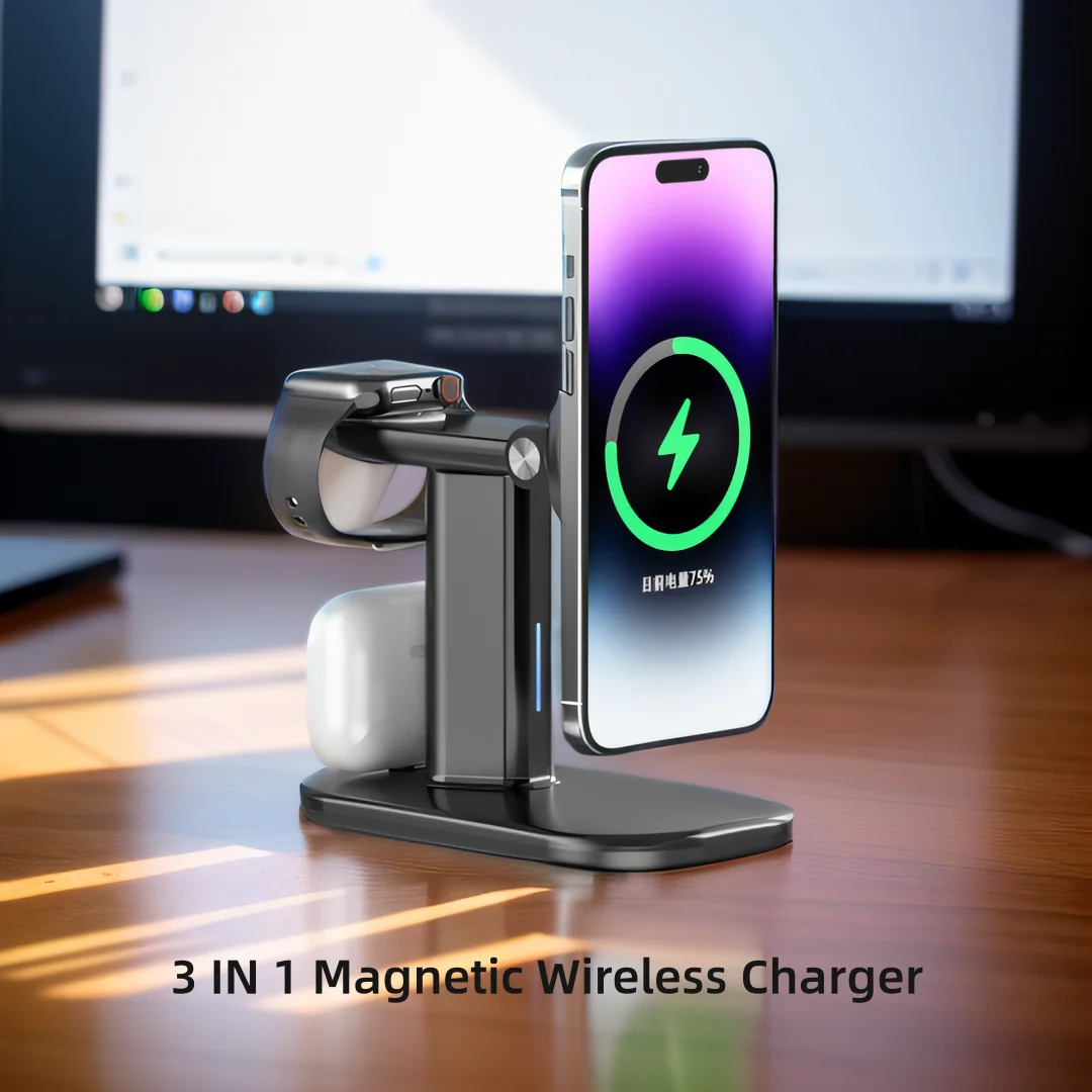 3 in 1 Mag-safe Fast Charger Stand for iPhone 15 14 13 Pro Magnetic Wireless Charging Station for Apple Watch Series Airpods Pro