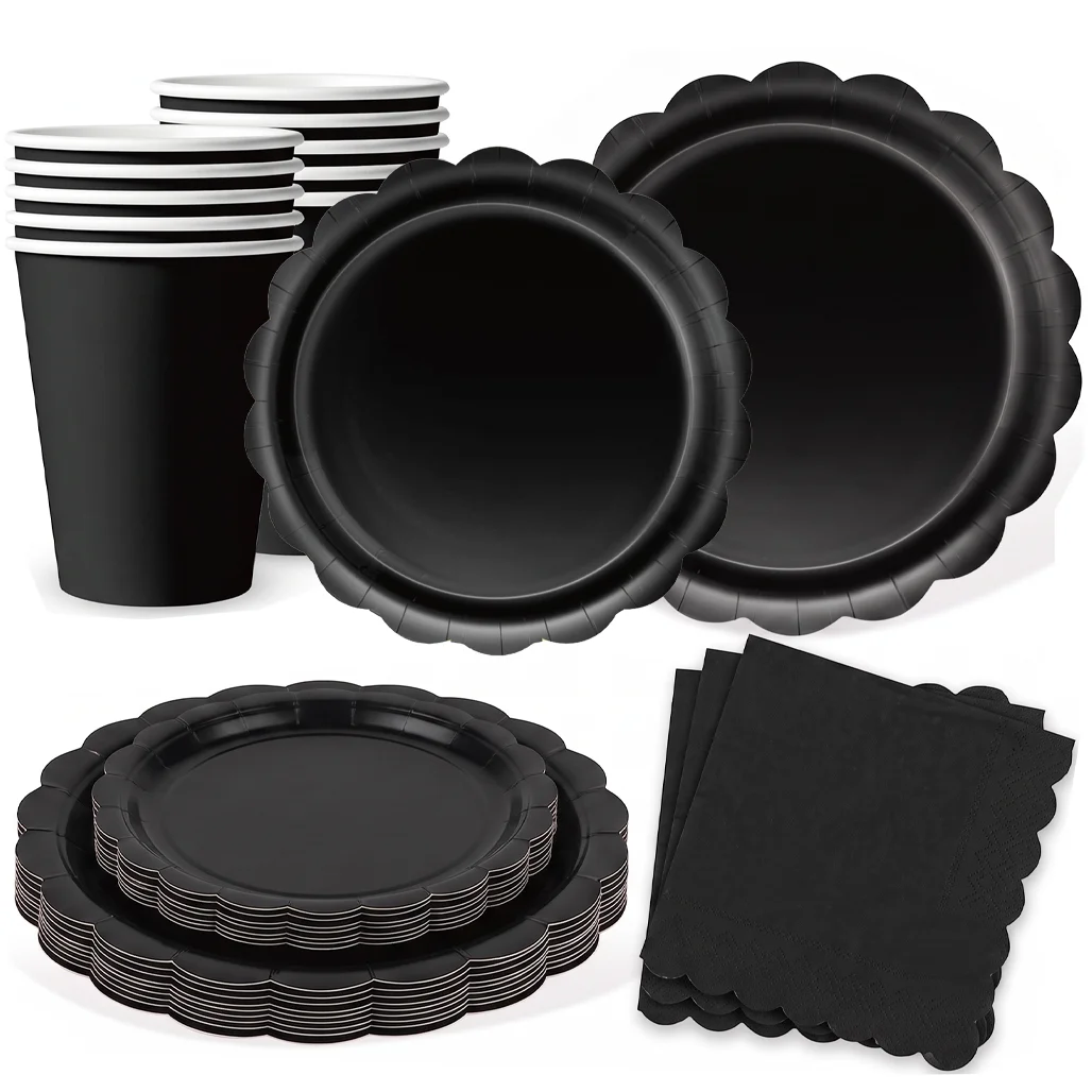 Elegantes Schwarzes Einweggeschirr Mit Wellenrand Pappteller Pappbecher Servietten Tischdecke Set Für Halloween Geburtstagsparty Dekorationen Gothic Hochzeit Feiern Praktisches Partyzubehör