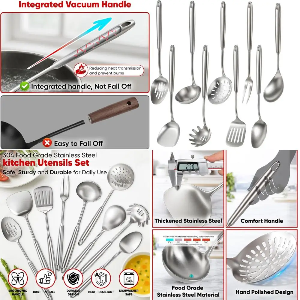 

9-Piece 304 Stainless Steel Cooking Utensil Set with Soup Ladle, Spaghetti Spoon, Slotted Skimmer, and Spatula - Dishwasher Safe