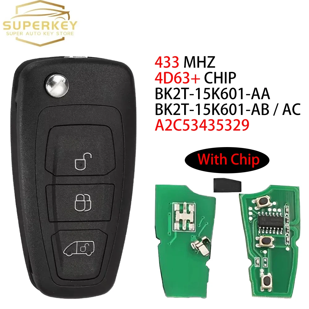 433.92MHz FSK Smart Remote Key Fob A2C53435329 for Ford Transit Custom 2012-2016 3 Buttons Black Compatible with BK2T-15K601-AA/
